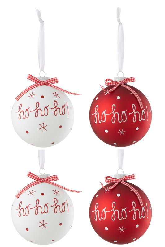 BOX OF 4 CHRISTMAS BAUBLE 2+2 HOHO+SNOWFLAKES+BOW RED/WHITE LARGE