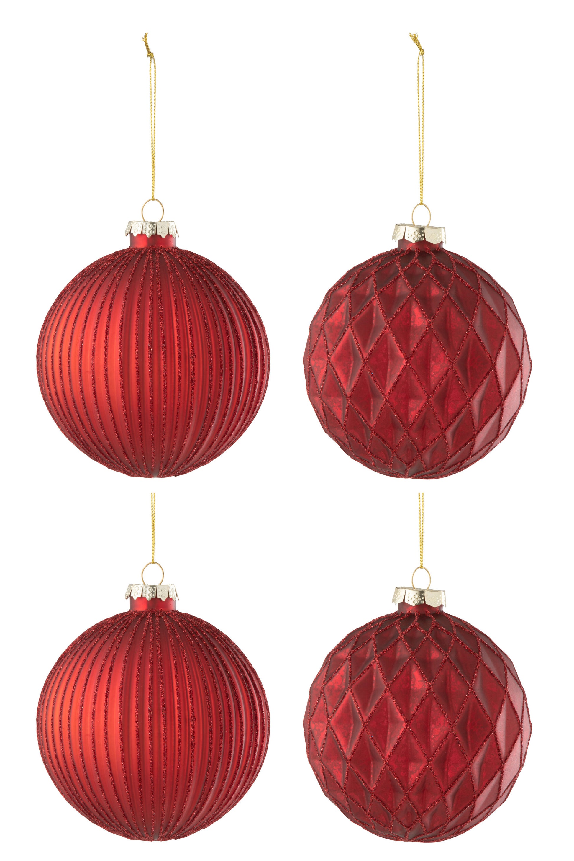 BOX OF 4 CHRISTMAS BAUBLE 2+2 RIBBED/ RHOMBUS GLASS RED LARGE