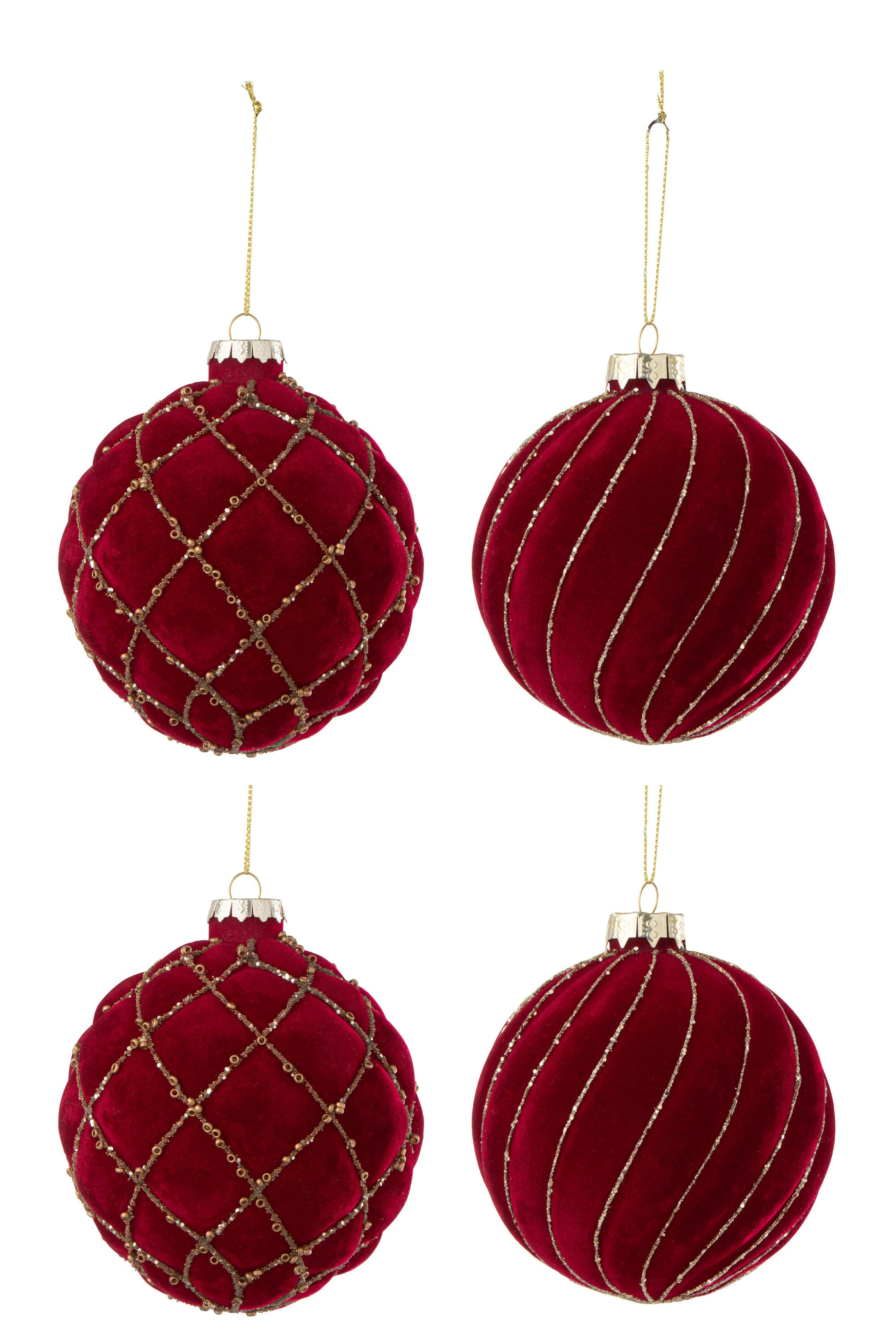 BOX OF 4 CHRISTMAS BAUBLE 2+2 LINES/CHECKERED VELVET RED/GOLD