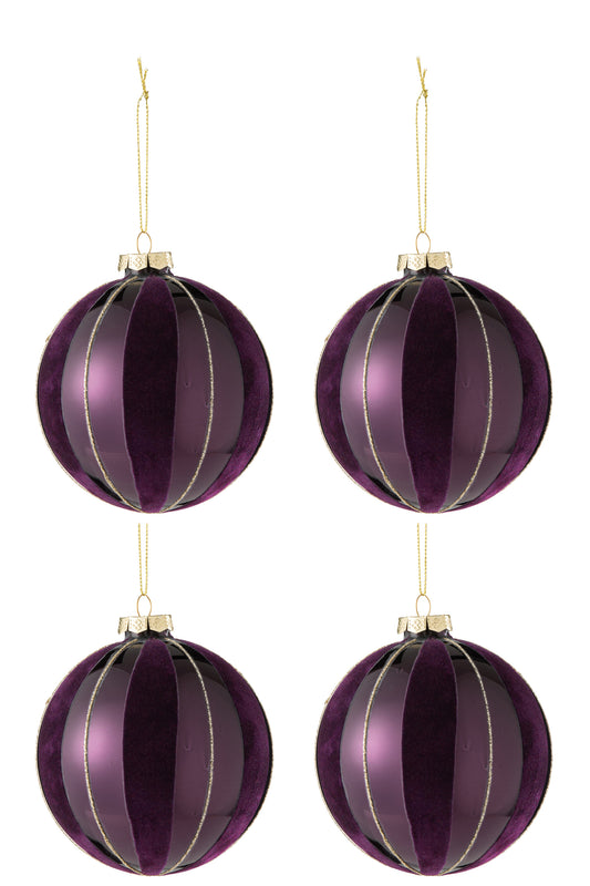 BOX OF 4 CHRISTMAS BAUBLE LINES VELVET/GLASS MAUVE/GOLD