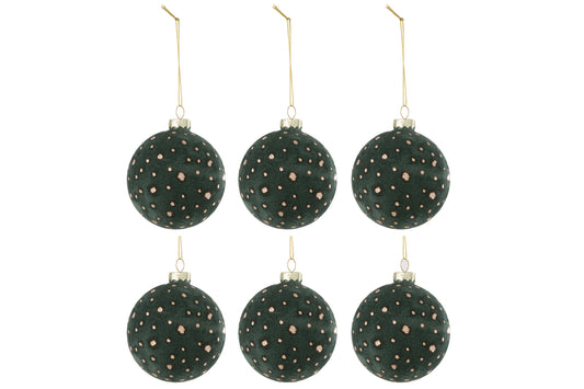 BOX OF 6 CHRISTMAS BAUBLE DOTS VELVET GREEN/GOLD