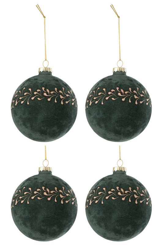 BOX OF 4 CHRISTMAS BAUBLE MOTIVE VELVET GREEN/GOLD