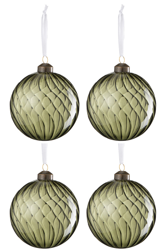 BOX OF 4 CHRISTMAS BAUBLE RIBBED GLASS DARK GREEN