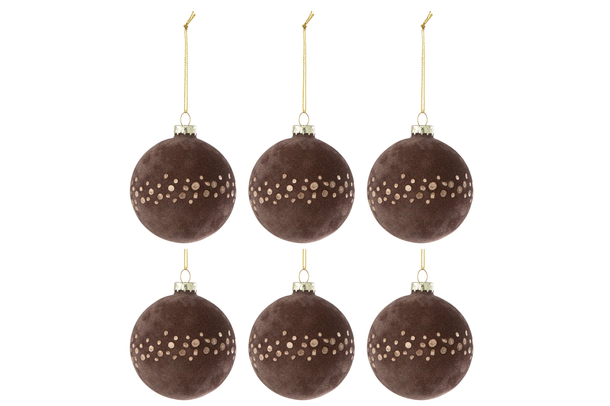 BOX OF 6 CHRISTMAS BAUBLE DOTS VELVET BROWN/GOLD