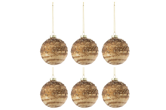 BOX OF 6 CHRISTMAS BAUBLE LINES SEQUINS GLASS BROWN