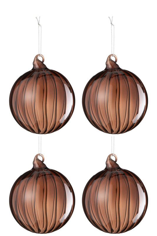 BOX OF 4 CHRISTMAS BAUBLE RIBBED GLASS BROWN DARK LARGE