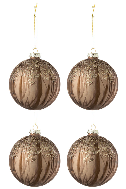 BOX OF 4 CHRISTMAS BAUBLE LINES+SEQUINS GLASS BROWN LIGHT/DARK