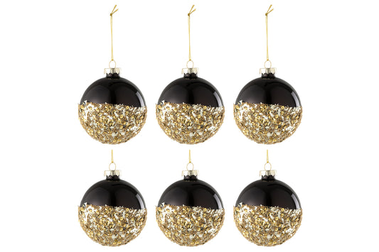 BOX OF 6 CHRISTMAS BAUBLE SEQUINS GLASS BLACK/GOLD