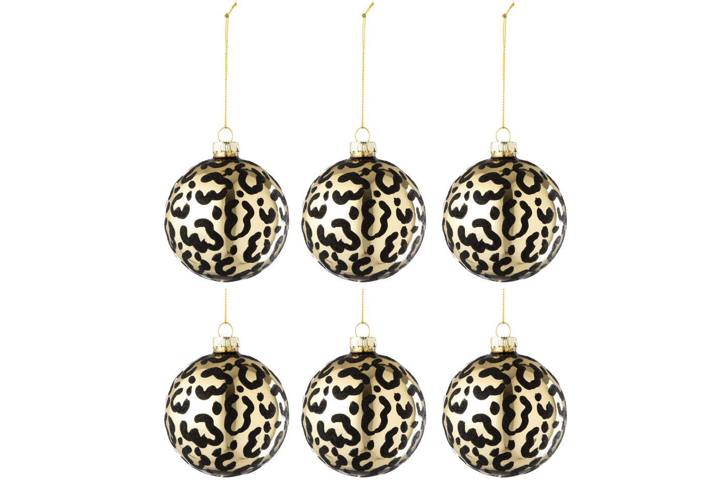 BOX OF 6 CHRISTMAS BAUBLE LEOPARD GLASS GOLD/BLACK