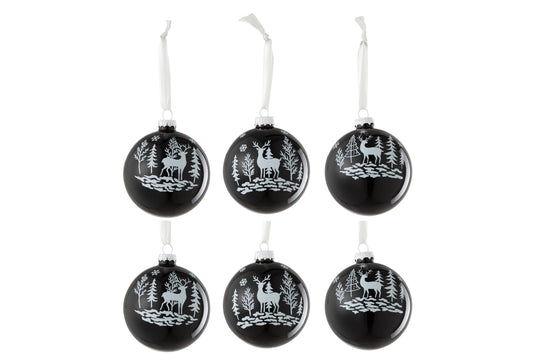 BOX OF 6 CHRISTMAS BAUBLE 2+2+2 REINDEER GLASS BLACK/WHITE