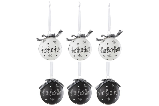 BOX OF 6 CHRISTMAS BAUBLE 3+3 HOHO+SNOWFLAKES+BOW GLASS BLACK/WHITE SMALL