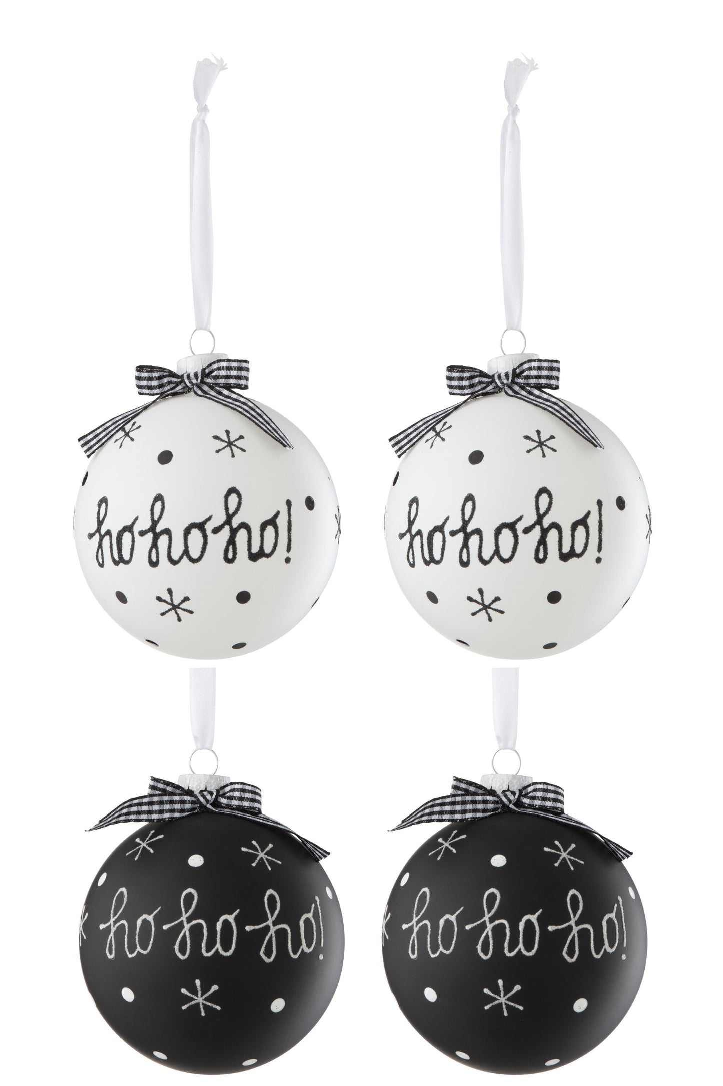 BOX OF 4 CHRISTMAS BAUBLE 2+2 HOHO+SNOWFLAKES+BOW GLASS BLACK/WHITE LARGE