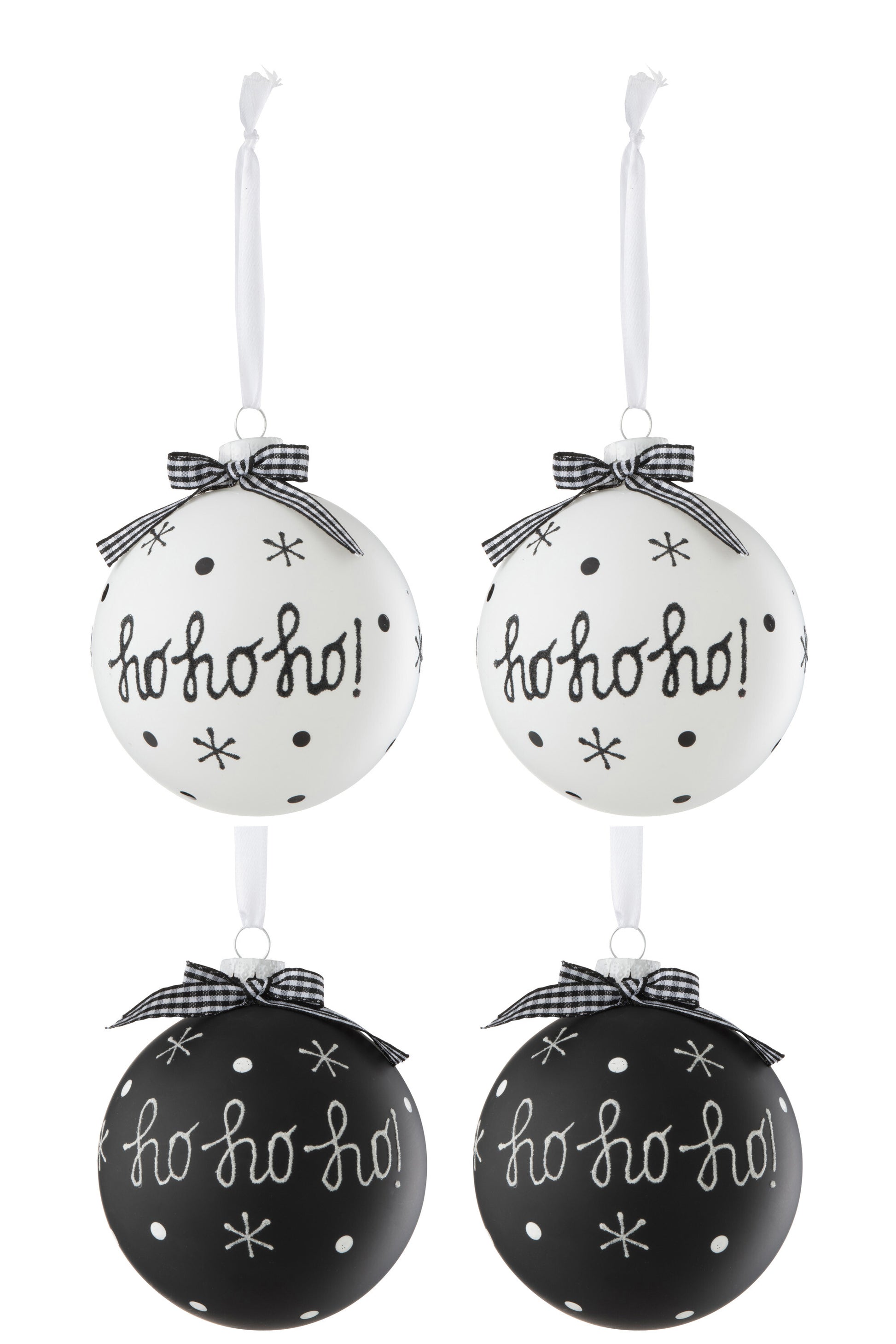 BOX OF 4 CHRISTMAS BAUBLE 2+2 HOHO+SNOWFLAKES+BOW GLASS BLACK/WHITE LARGE