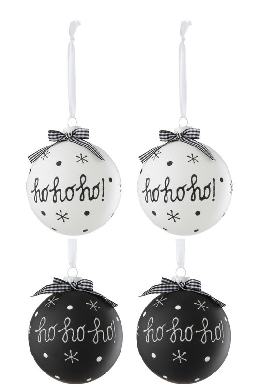 BOX OF 4 CHRISTMAS BAUBLE 2+2 HOHO+SNOWFLAKES+BOW GLASS BLACK/WHITE LARGE