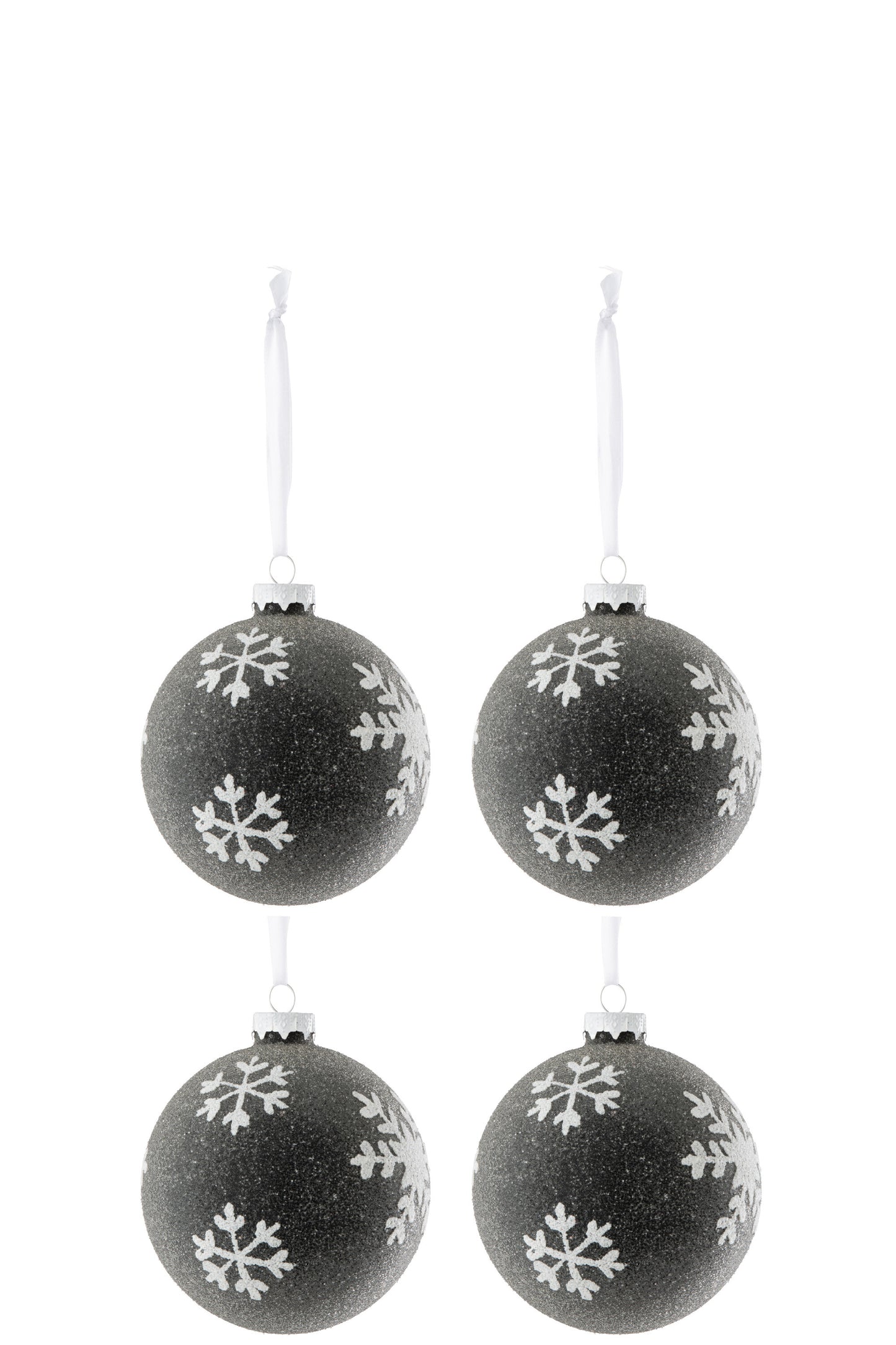 BOX OF 4 CHRISTMAS BAUBLE PEARLS+SNOWFLAKE GLASS GREY DARK/WHITE SMALL