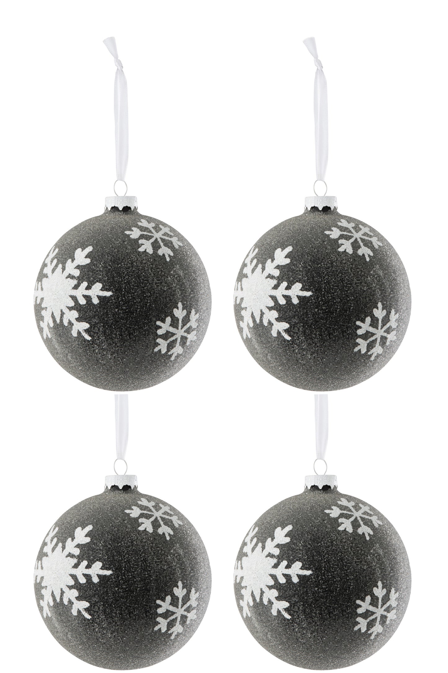 BOX OF 4 CHRISTMAS BAUBLE PEARLS+SNOWFLAKE GLASS GREY DARK/WHITE LARGE