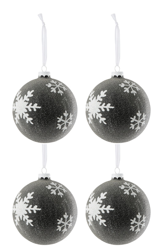 BOX OF 4 CHRISTMAS BAUBLE PEARLS+SNOWFLAKE GLASS GREY DARK/WHITE LARGE