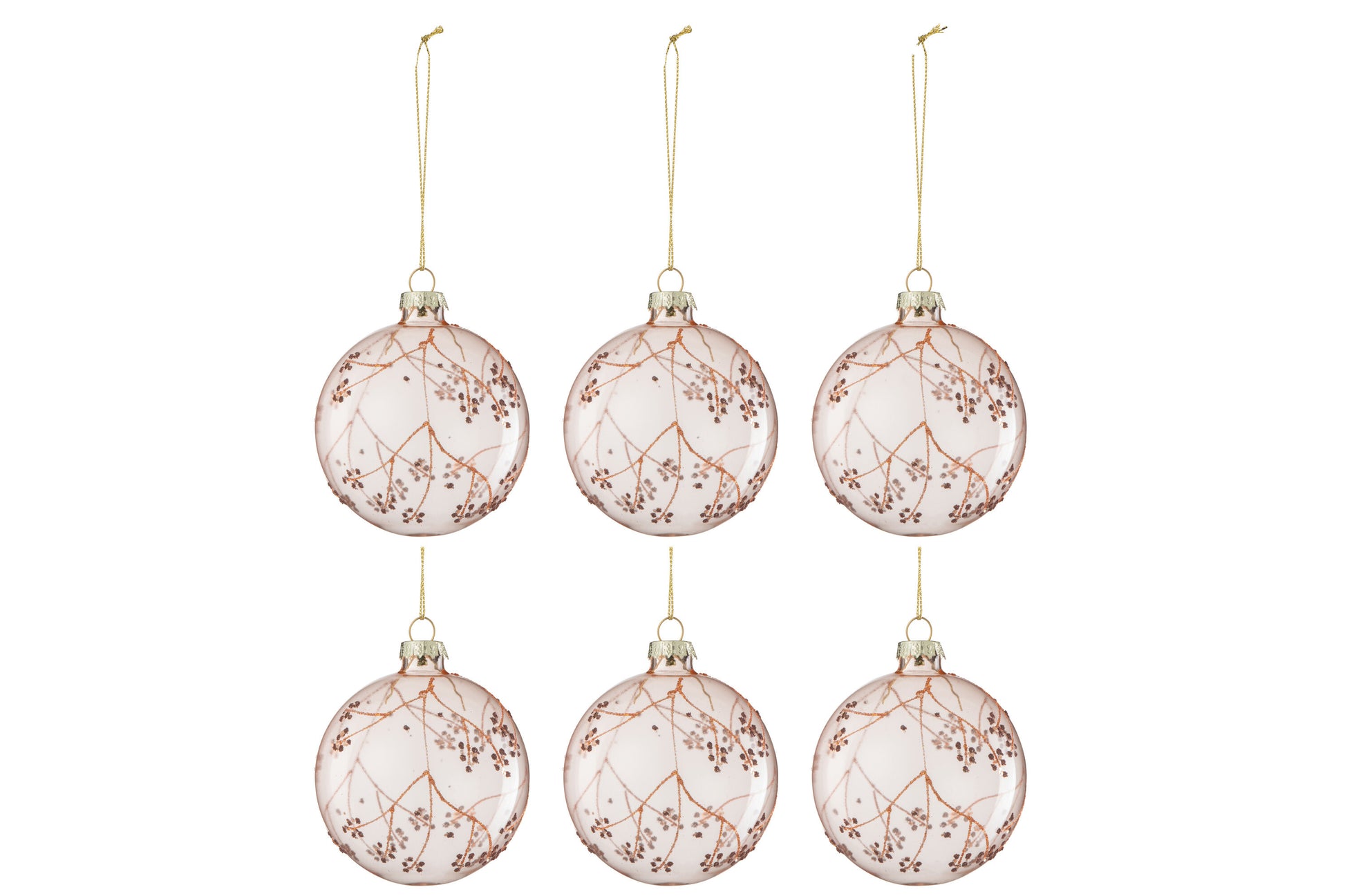 BOX OF 6 CHRISTMAS BAUBLE BRANCHES GLASS LIGHT PINK SMALL