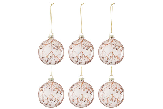 BOX OF 6 CHRISTMAS BAUBLE BRANCHES GLASS LIGHT PINK SMALL