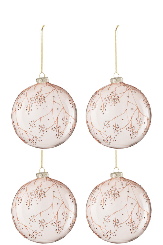 BOX OF 4 CHRISTMAS BAUBLE BRANCHES GLASS LIGHT PINK LARGE