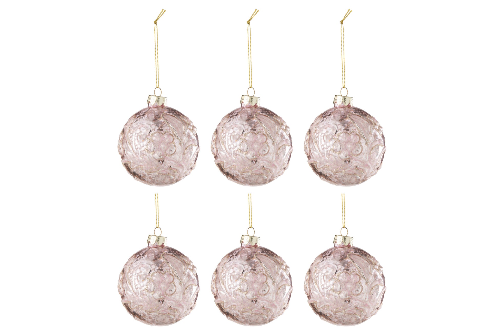 BOX OF 6 CHRISTMAS BAUBLE MOTIVE ROSE SEQUINS GLASS LIGHT PINK SMALL