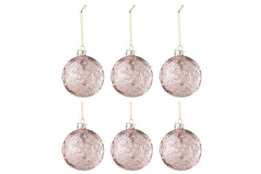 BOX OF 6 CHRISTMAS BAUBLE MOTIVE ROSE SEQUINS GLASS LIGHT PINK SMALL