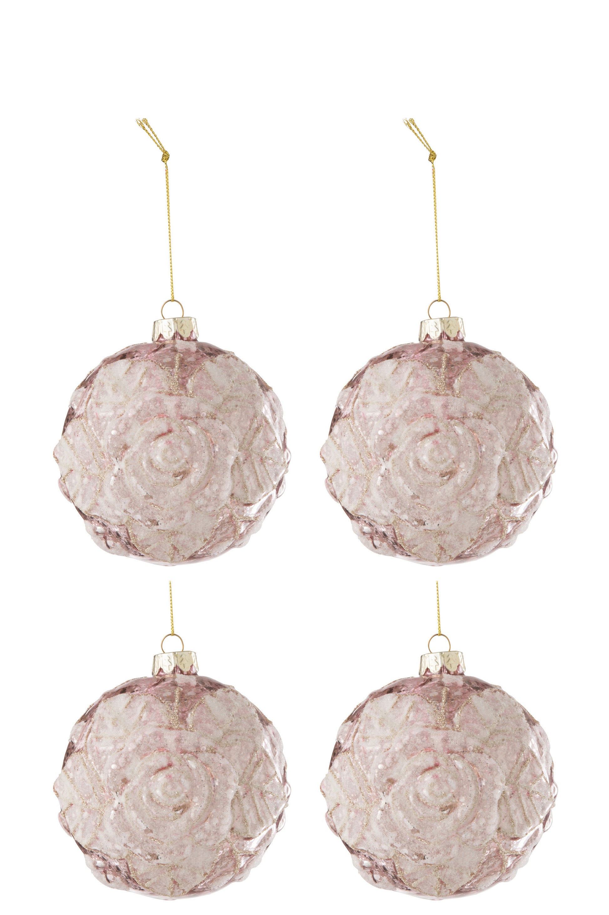 BOX OF 4 CHRISTMAS BAUBLE MOTIVE ROSE SEQUINS GLASS LIGHT PINK LARGE