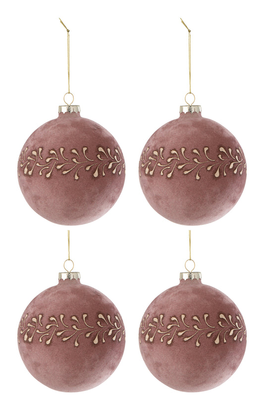 BOX OF 4 CHRISTMAS BAUBLE MOTIVE VELVET LIGHT PINK/GOLD