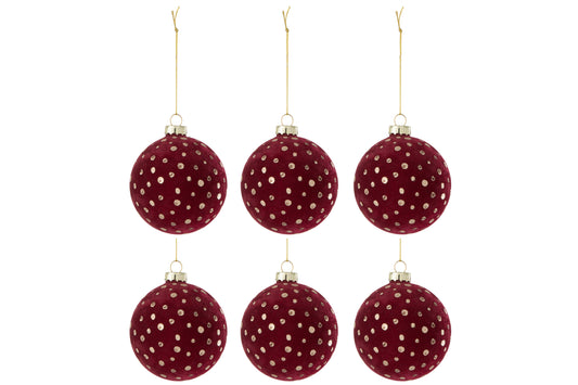 BOX OF 6 CHRISTMAS BAUBLE DOTS VELVET BORDEAUX/GOLD