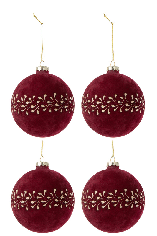 BOX OF 4 CHRISTMAS BAUBLE MOTIVE VELVET BORDEAUX/GOLD