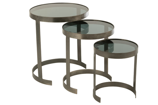 SET OF 3 SIDE TABLES ROUND IRON/GLASS GREY