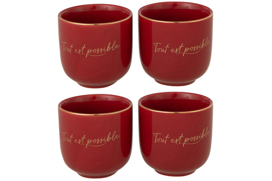 BOX OF 4 CUP PORCELAIN TOUT EST POSSIBLE RED/GOLD