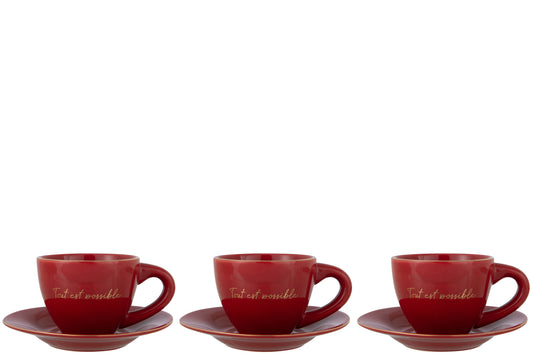 BOX OF 3 CUP+SAUCER PORCELAIN TOUT EST POSSIBLE RED/GOLD