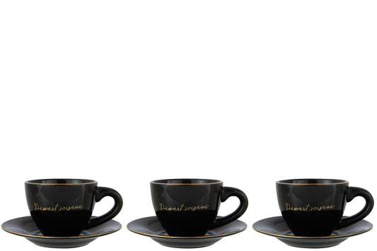 BOX OF 3 CUP+SAUCER PORCELAIN DÉPART JOYEUX BLACK/GOLD