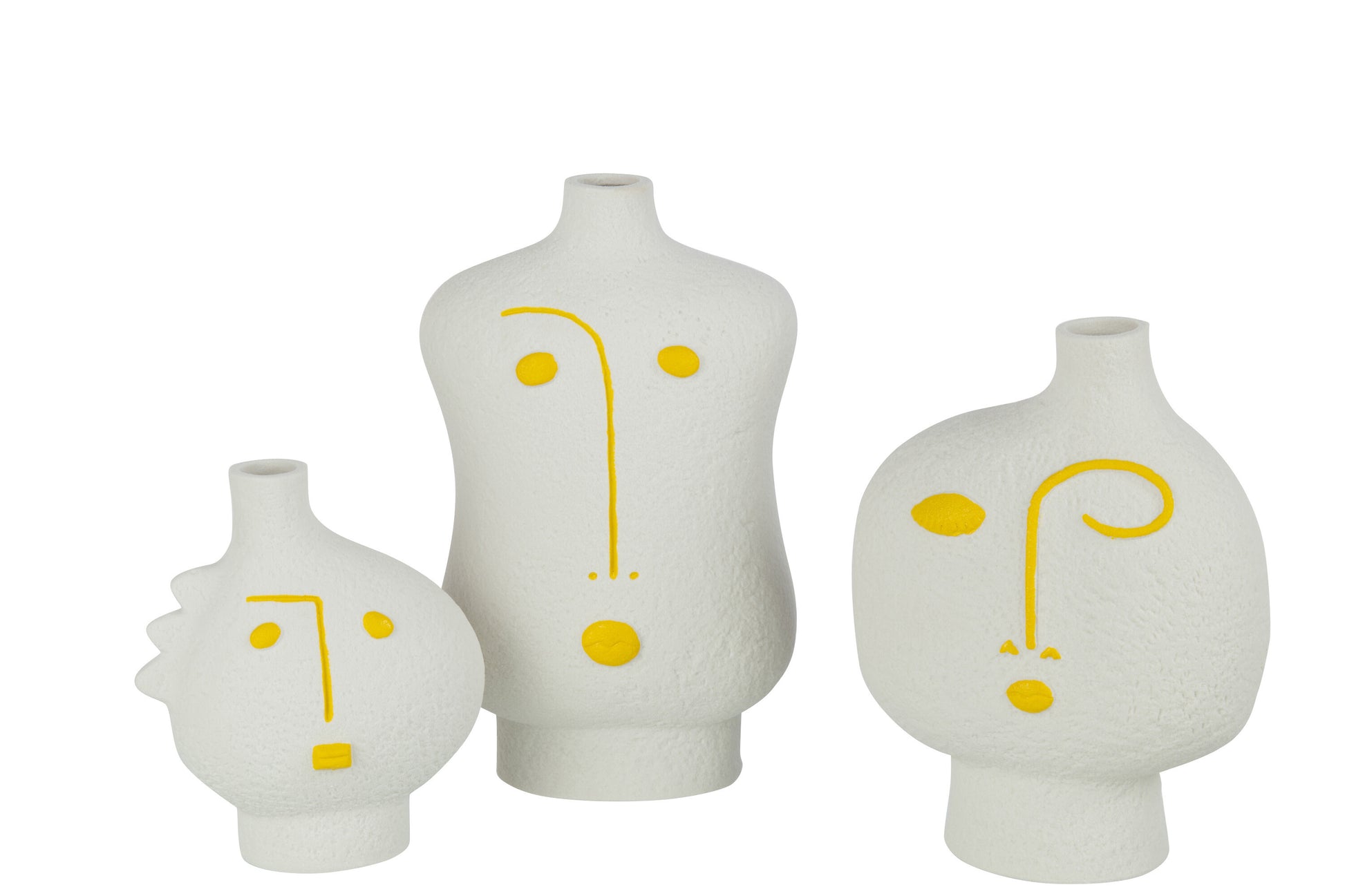 SET OF 3 VASES FACE ABSTRACT PORCELAIN YELLOW/WHITE