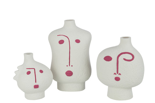 SET OF 3 VASES FACE ABSTRACT PORCELAIN FUCHSIA/WHITE