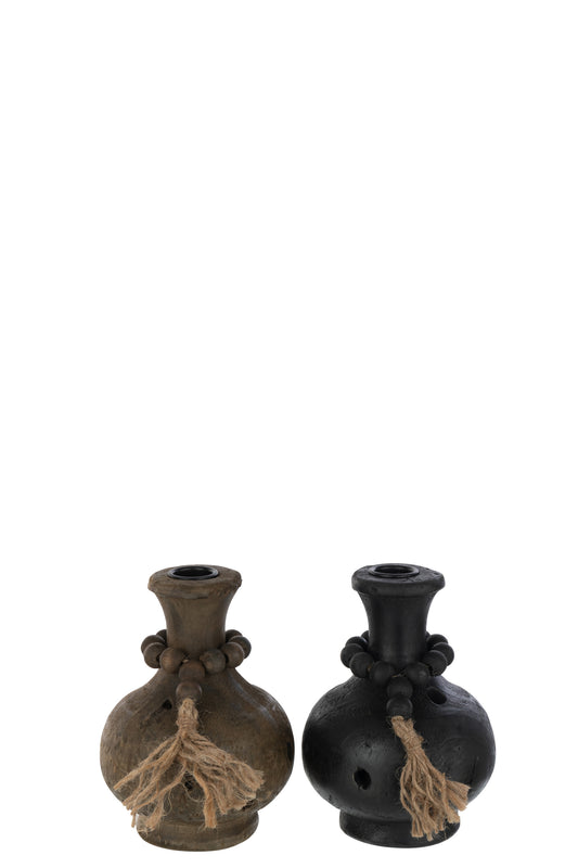 CANDLE HOLDER ERLEN PINEWOOD/IRON BLACK/BROWN ASSORTMENT OF 2