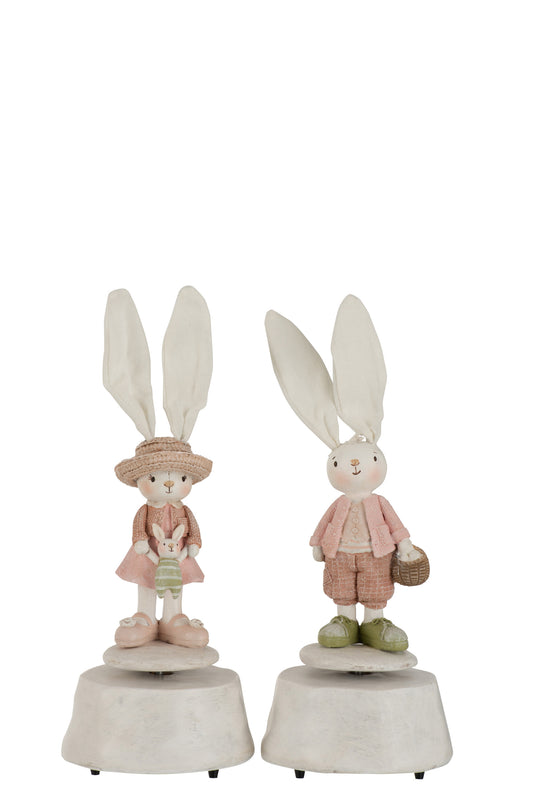 MUSIC BOX RABBIT DRESSED POLY PINK/GREEN ASSORTMENT OF 2