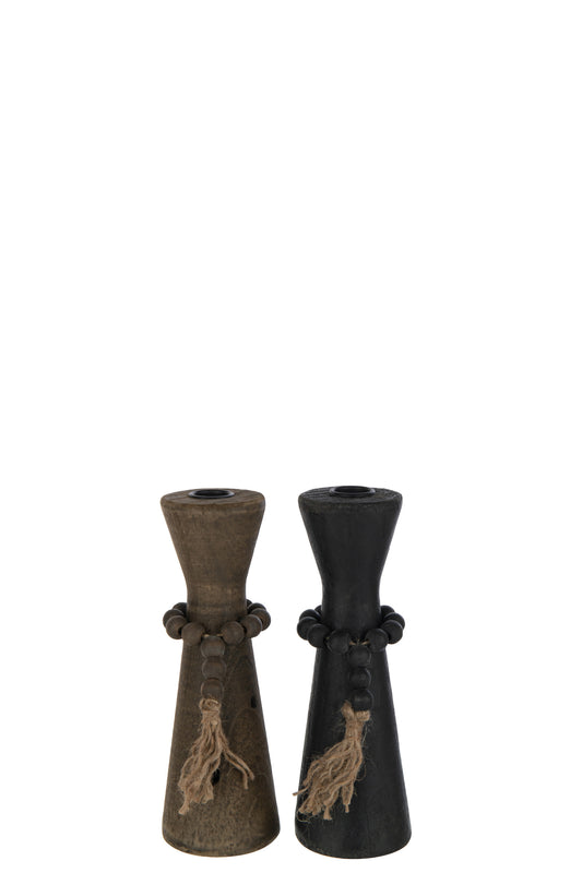 CANDLE HOLDER NUT PINEWOOD/IRON BLACK/BROWN ASSORTMENT OF 2