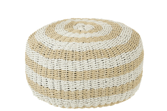 POUF ROUND STRIPES WOVEN PLASTIC WHITE/NATURAL