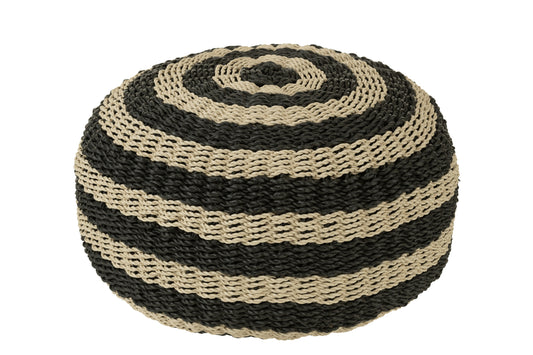 POUF ROUND STRIPES WOVEN PLASTIC BLACK/NATURAL