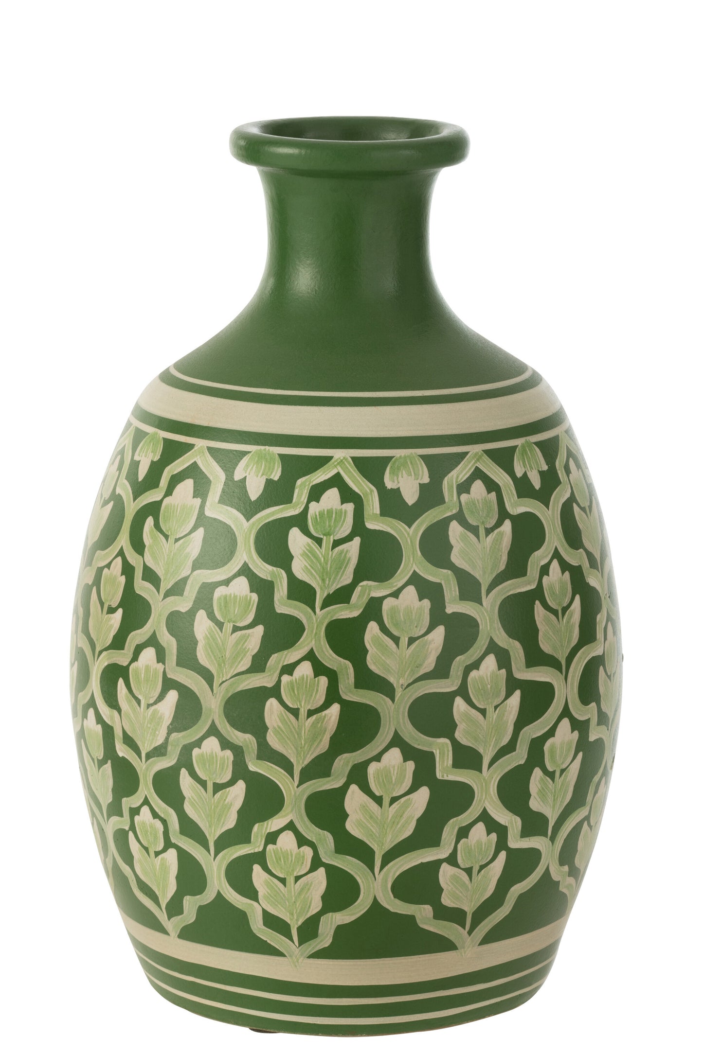 VASE FLOWERS+LINES TERRACOTTA GREEN/WHITE