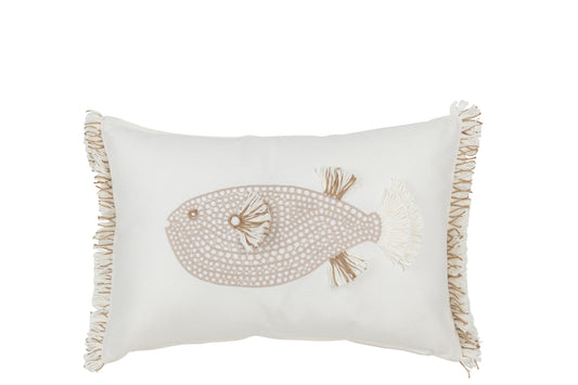 CUSHION FISH + FRINGES COTTON WHITE/TAUPE