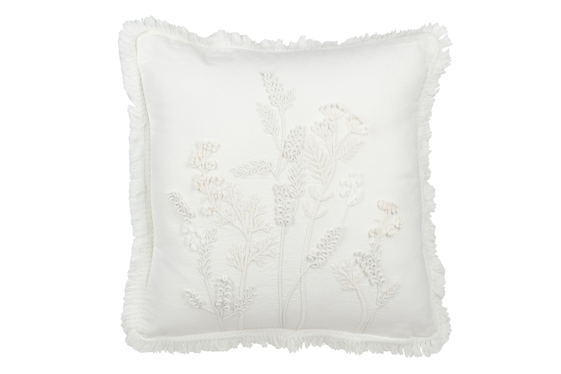 CUSHION EMBROIDERY FLOWERS+FRINGES COTTON WHITE