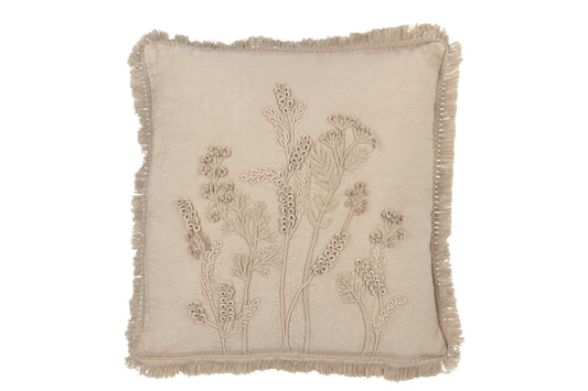 CUSHION EMBROIDERY FLOWERS+FRINGES COTTON GREIGE