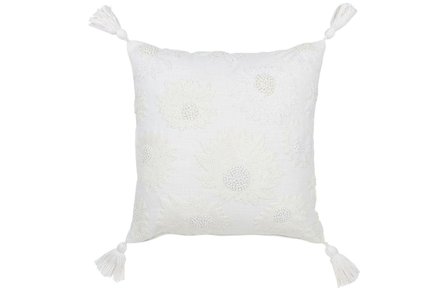 CUSHION FLOWERS+TASSELS COTTON WHITE