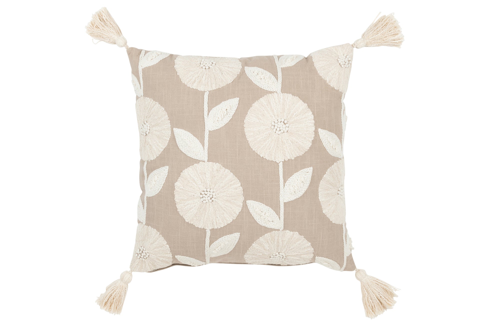 CUSHION FLOWERS/LEAVES COTTON TAUPE/BEIGE