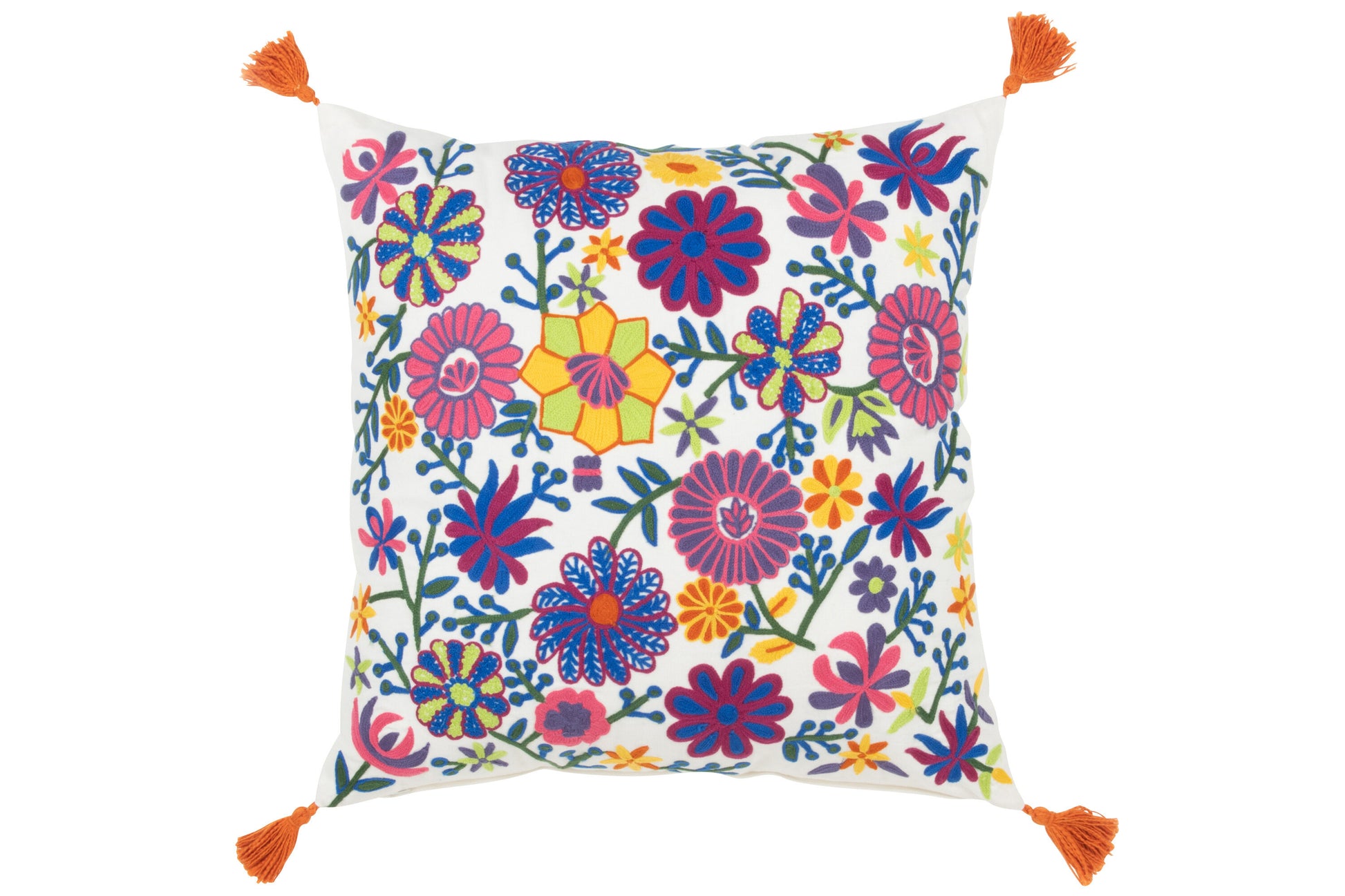 CUSHION EMBROIDERY FLOWERS+TASSELS COTTON MIX