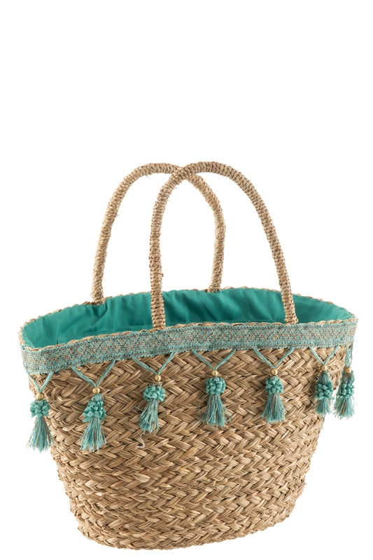 BEACH BAG REED TASSELS AZURE