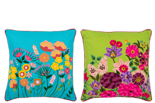 CUSHION FLOWERS EMBROIDERY COTTON/POLYESTER BLUE/GREEN ASSORTMENT OF 2